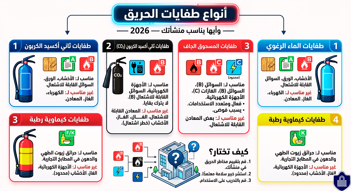 أنواع طفايات الحريق وأيها يناسب منشأتك — 2026