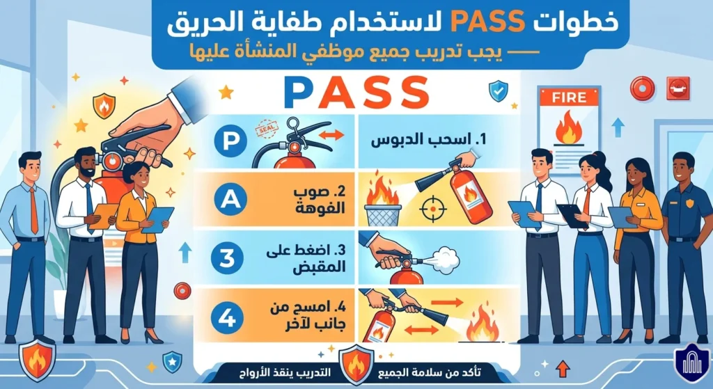 خطوات PASS لاستخدام طفاية الحريق — يجب تدريب جميع موظفي المنشأة عليها